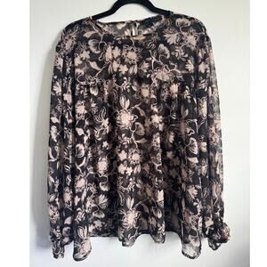 Sanctuary XL‎ Floral Sheer Blouse Black Pink Long Sleeve Boho Top Spring Flowy